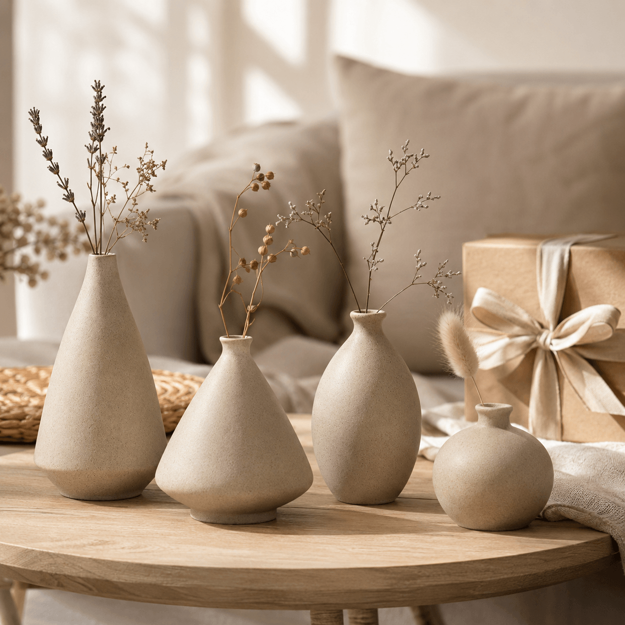 Natural ceramic vase gift set styled on a wooden tray with dried flowers and a wrapped gift box