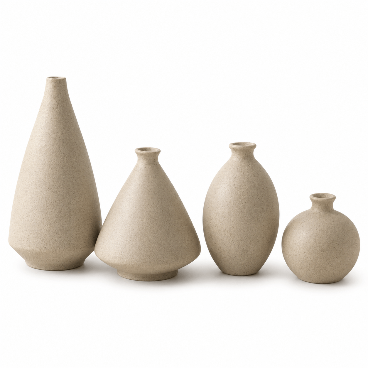 Four-piece natural ceramic vase set on a clean white background for product display.
