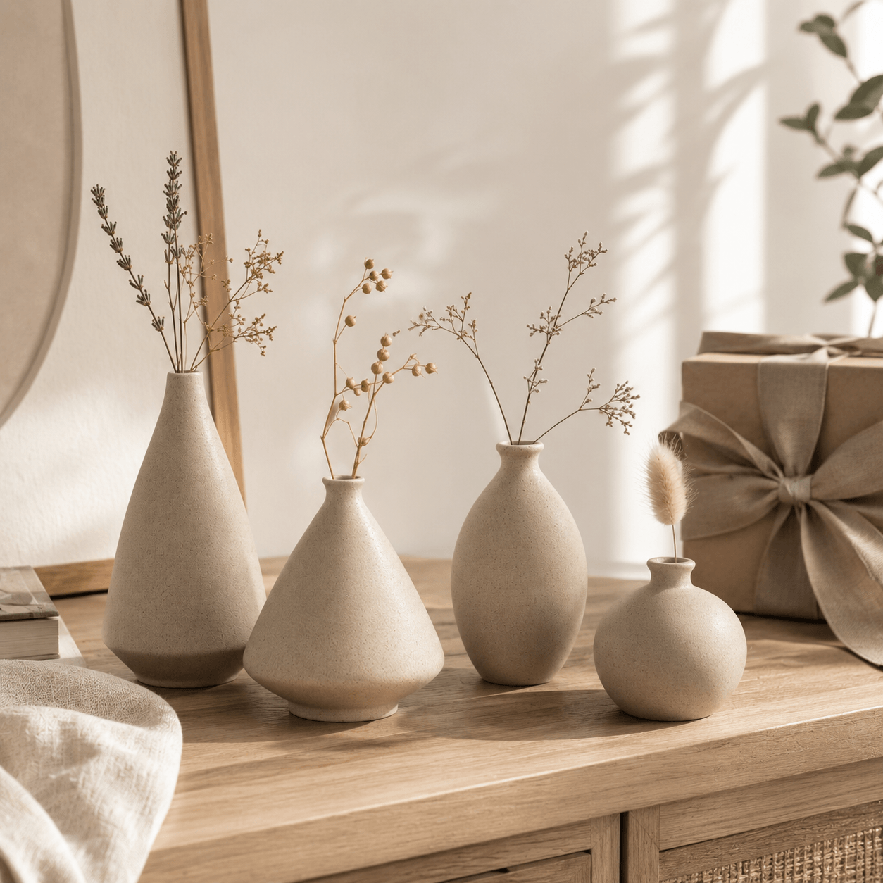 Natural ceramic bud vase set arranged on a wooden table with soft sunlight and dried stems.