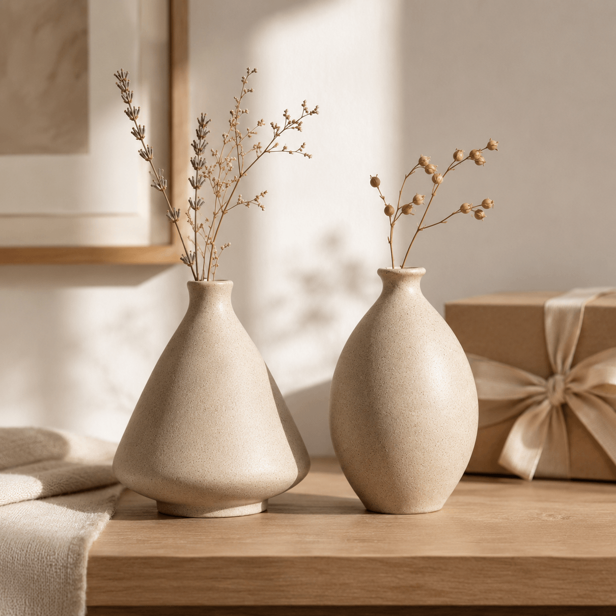 Minimal ceramic vases for flowers displayed on a wooden table with a gift box and warm home decor.