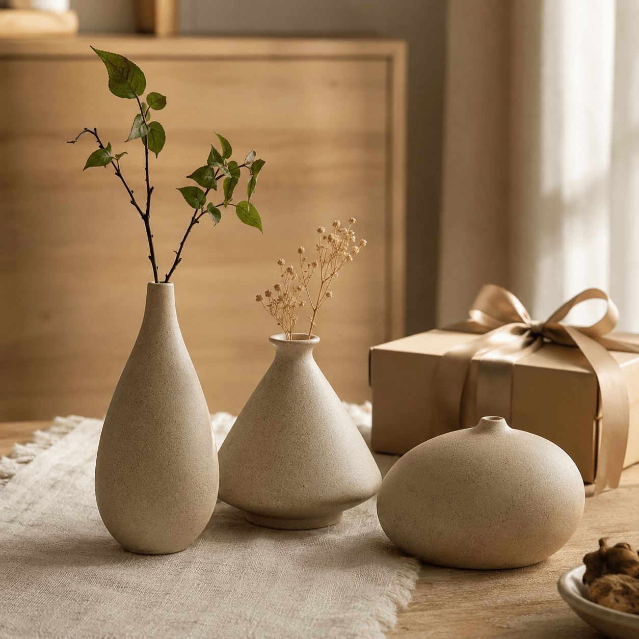 Decor vases for flowers styled in a cozy home setting with greenery and a wrapped gift.