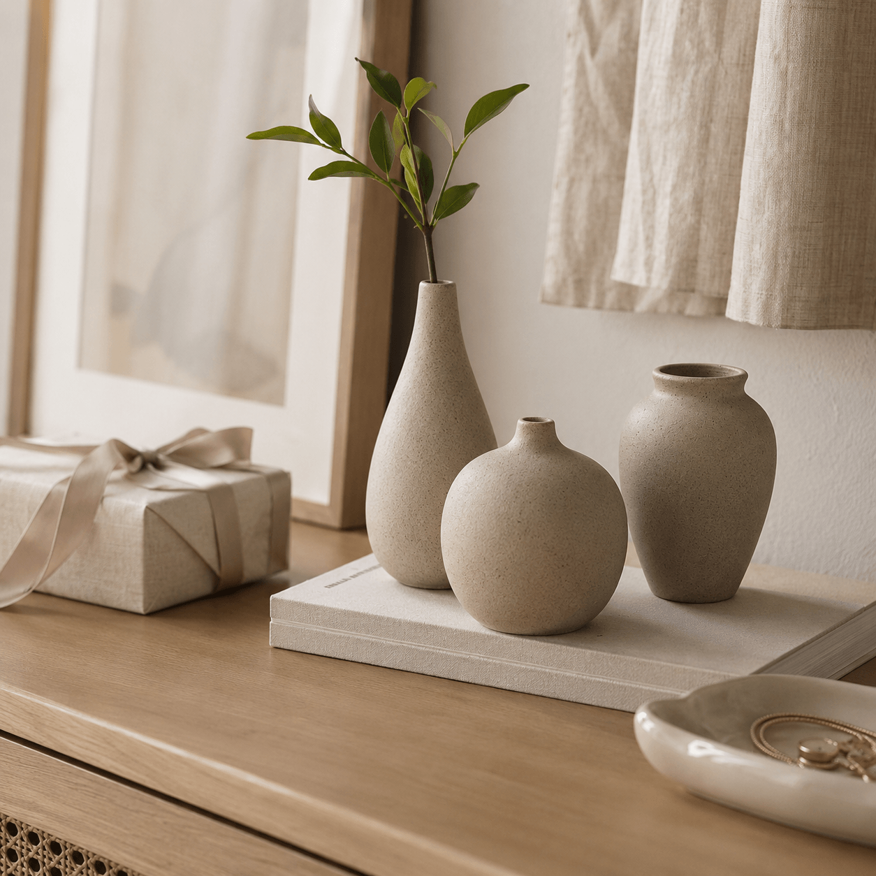 Small ceramic vase set styled by the window with soft light, gift wrapping, and neutral home decor.
