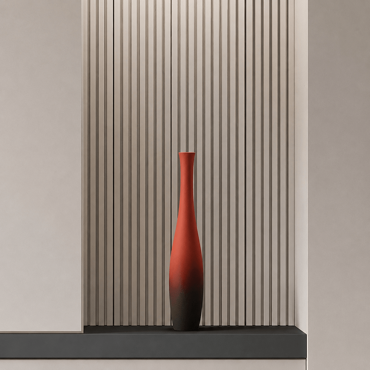 Small matte terracotta floor vase with a slim sculptural shape for modern home and studio decor.