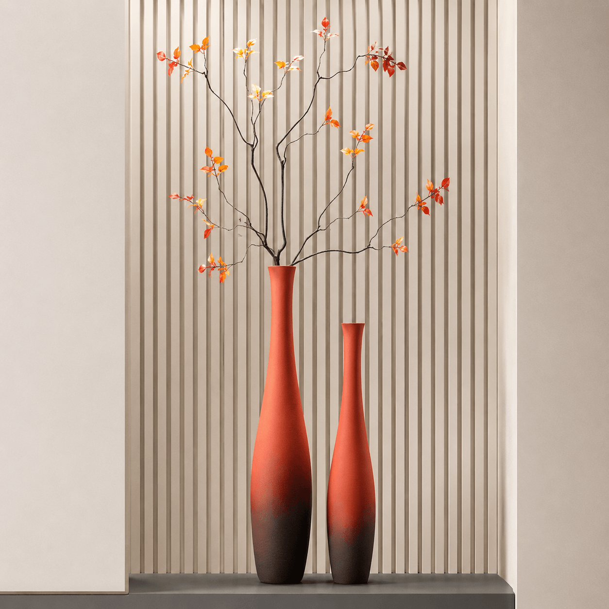 Decorative floor vase set with red branches for hotel, entryway, reception, and curated interior spaces.